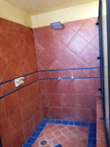 a bathroom with a shower with red tiles at Casa Tapalpa in Tapalpa