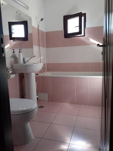 ein Badezimmer mit einem Waschbecken, einem WC und einer Badewanne in der Unterkunft Apartament Cristina in Onești