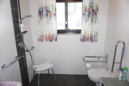 La salle de bains est pourvue de toilettes et d'une fenêtre. dans l'établissement Weindl's Ferienwohnung, à Naila