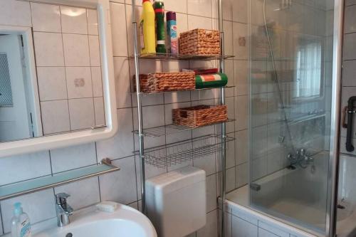 y baño con aseo, lavabo y ducha. en Monteur-, Ferien- und Gästehaus in Groß Rossau, en Osterburg Siedlung