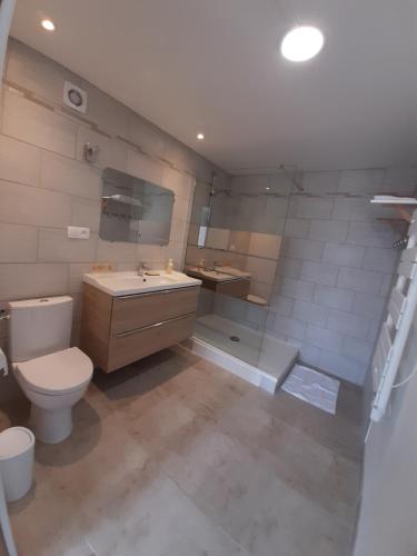 a bathroom with a toilet and a sink and a shower at Escales dans les dunes in Créances