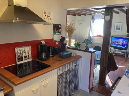 cocina con fregadero y fogones horno superior en Appartement de la Brèche 44 m2 Wifi ,place Drouaise, en Chartres