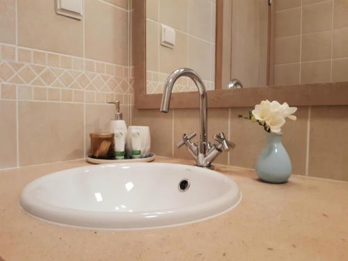 a bathroom counter with a sink and a vase with flowers at Casa Canavial in Luz