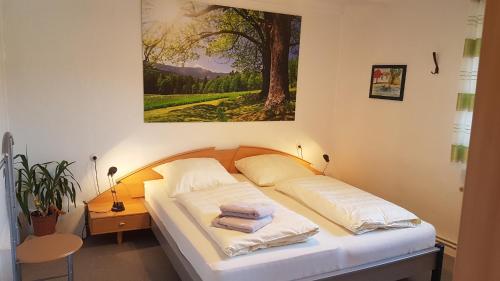 ランゲスハイムにあるHaus Christaの壁画が飾られた部屋のベッド1台