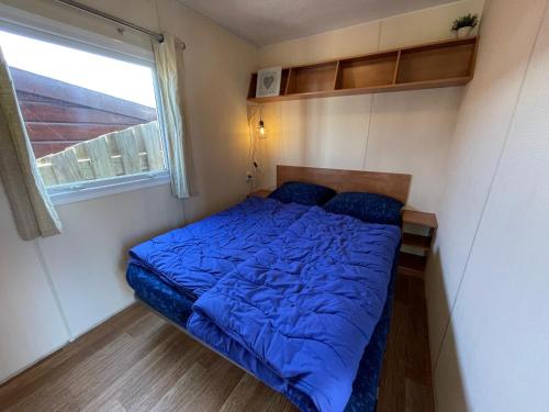 a blue bed in a small room with a window at Duindoorn 46 in IJmuiden