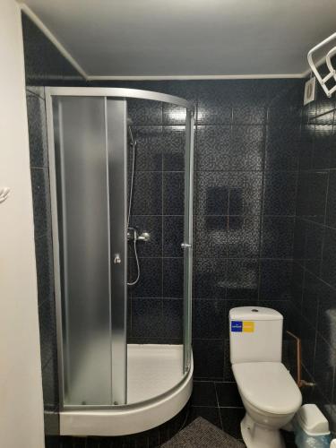 een badkamer met een douche en een wit toilet bij Studio apartments in center NEW 5 floor in Ivano-Frankivsʼk