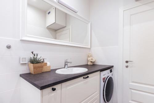 une salle de bains avec un lavabo et un miroir dans l'établissement Twin apartments 3 Bedr by Reside Baltic, à Vilnius
