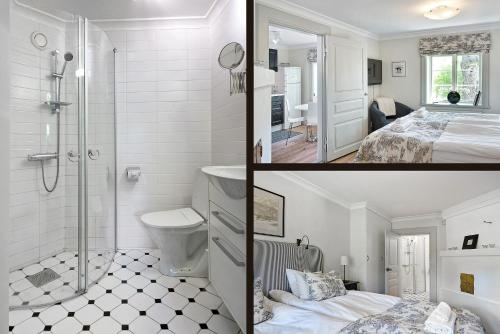 two pictures of a bathroom with a shower and a bedroom at Östa Gård Boutique B&B in Stallarholmen