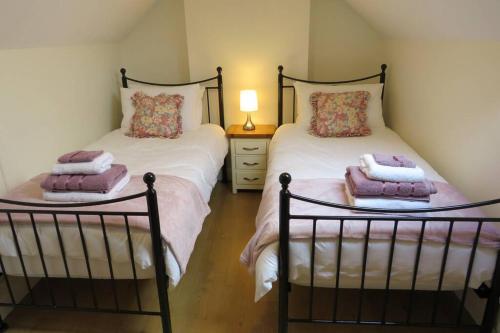 two twin beds in a bedroom with a lamp at Jenny's Farm Cottage, Giant's Causeway in Dunseverick