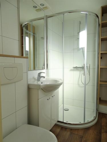 a white bathroom with a shower and a sink at Camping De Koehoorn in Meliskerke