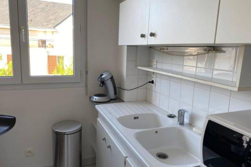 a white kitchen with a sink and a window at Charmant appartement en bord de Cher in Saint-Avertin