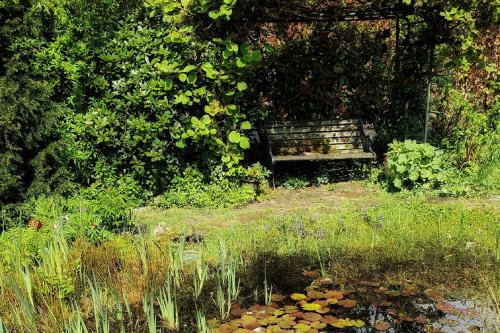 a bench sitting in the middle of a garden at Ferienwohnung am Atelier Horn in Overath