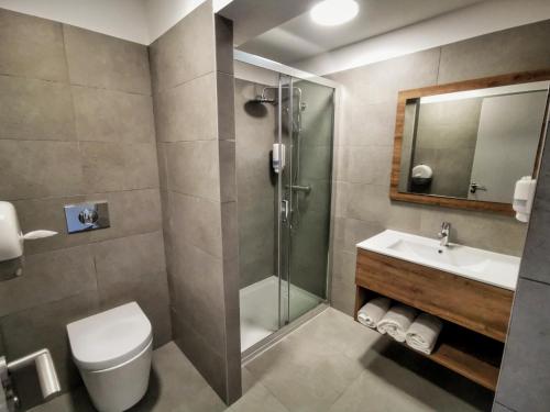 a bathroom with a shower and a toilet and a sink at Ustaria in Peri
