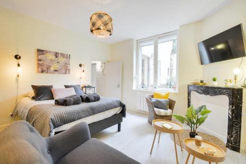 Le Bailly في نانسي: غرفة نوم مع سرير وغرفة معيشة
