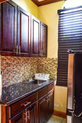 a kitchen with a sink and a refrigerator at Brownstone Guesthouses in Nassau
