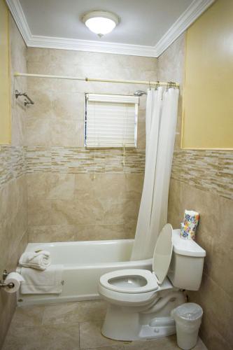 a bathroom with a toilet and a bath tub at Brownstone Guesthouses Seabeach in Nassau