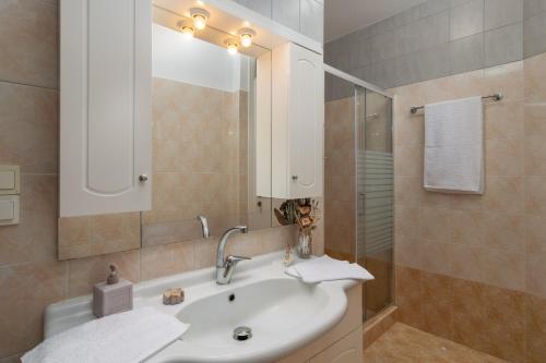 a bathroom with a sink and a shower and a mirror at Zanart maisonette II in Tripití