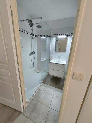a bathroom with a shower and a sink at T3 au bord de mer in Saint-Cyr-sur-Mer