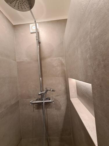 a shower with a shower head in a bathroom at Strandburg 1 in Grömitz