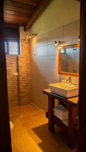 a bathroom with a sink and a mirror and a shower at CASA LA BORDONA in Rivera