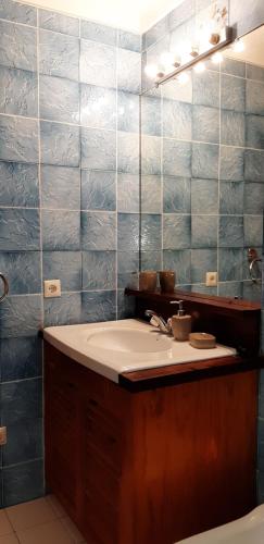 een badkamer met een wastafel en een spiegel bij APARTMENT NATURA in Puigcerdà