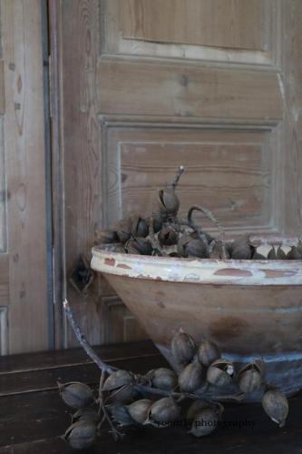 a bowl filled withnuts sitting on a wooden wall at "Le Vent d'Étoile" B&B and Guesthouses in Mormoiron