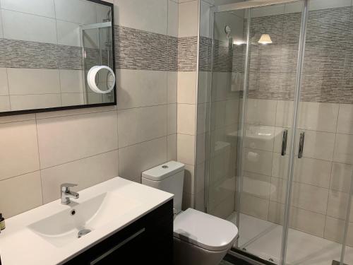 a bathroom with a shower and a toilet and a sink at Apartamento la Ribera in Suances