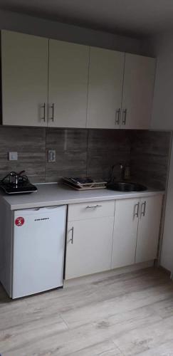 a kitchen with white cabinets and a sink at Vila Čair DOPLATA ZA BAZEN in Soko Banja