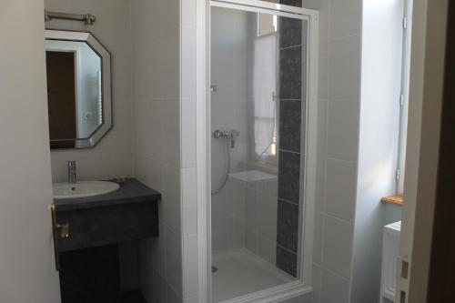 a bathroom with a shower and a sink at Hôtel Restaurant Le Moulin de Saint Verand in Saint-Vérand