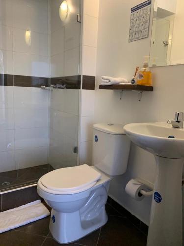 a bathroom with a toilet and a sink at Hotel Santa Elena Norte in Tunja