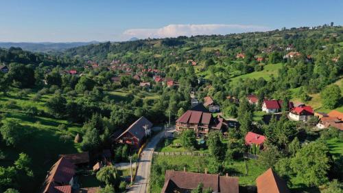 an aerial view of a small village in a valley at Pensiunea Anotimpuri Bran in Bran