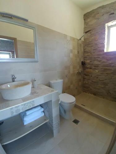 a bathroom with a sink and a toilet and a tub at Villa Rokanes Glass Stone with Pool in Kouvéllai