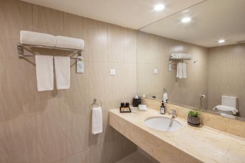 關丹的住宿－諾佳納酒店，一间带水槽和镜子的浴室