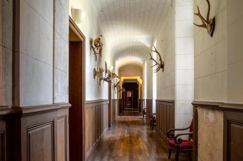 an empty hallway in a building with a long corridor at Chateau LE BROSSAY in Renac