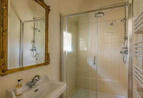 a bathroom with a shower and a sink and a mirror at Chateau LE BROSSAY in Renac