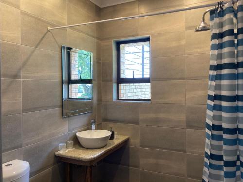 a bathroom with a sink and a mirror at The Vaal Guesthouse in Oranjeville