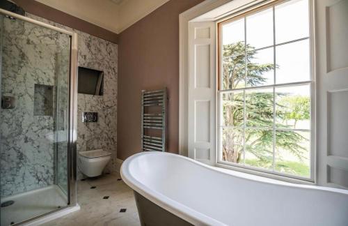 a bathroom with a tub and a shower and a window at Reymerston Hall in Norwich