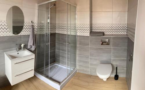 W łazience znajduje się prysznic, toaleta i umywalka. w obiekcie Willa Perełka w mieście Mielno
