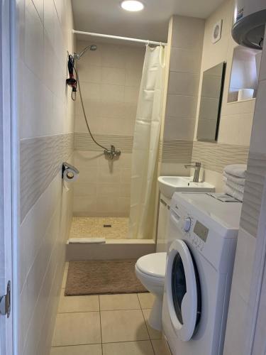 a bathroom with a shower and a toilet and a sink at Апартаменти Маяк in Odesa