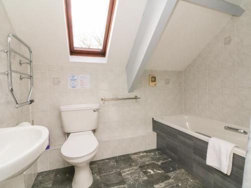 a bathroom with a toilet and a sink and a tub at The Loft in Holsworthy