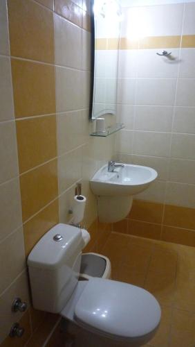 a bathroom with a white toilet and a sink at Hotel Bakos in Loutraki