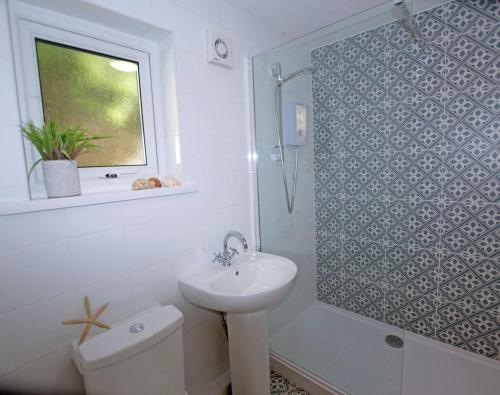a bathroom with a sink and a toilet and a window at Charming 1-Bed cottage in Pembroke close to castle in Pembroke