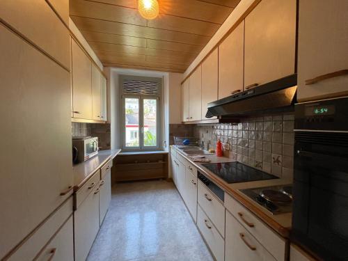 eine große Küche mit weißen Schränken und einem Fenster in der Unterkunft Belforte in Locarno