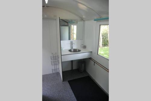 baño con lavabo y ventana en Blokhut De Vlinder gelegen nabij het Pieterpad, en Coevorden