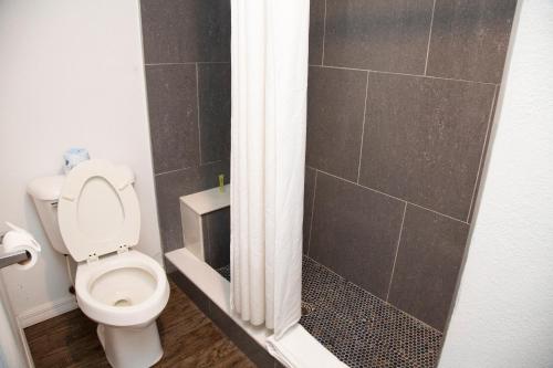 a bathroom with a toilet and a shower at Daytona Dream Inn By AmeriVu in Daytona Beach