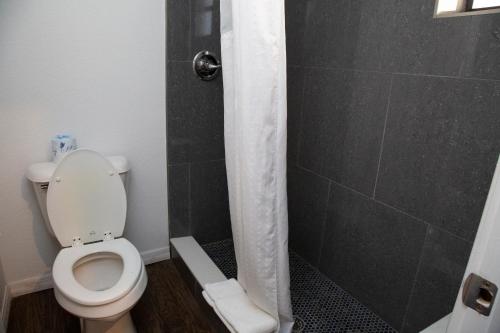 a bathroom with a toilet and a shower at Daytona Dream Inn By AmeriVu in Daytona Beach