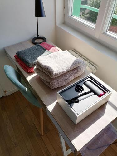 - une table en bois avec un panier-repas dans l'établissement Villa des Roses - Appart T2, 31m2, 1er étage, vue jardin, 