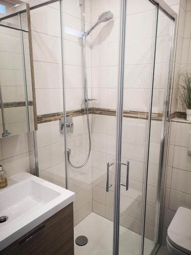 a bathroom with a shower and a sink at Strandnah in Wenningstedt in Wenningstedt