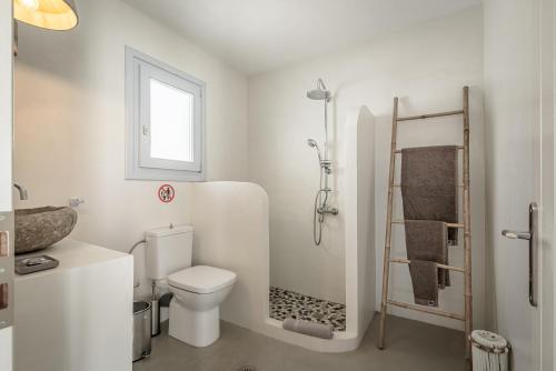a white bathroom with a toilet and a shower at DS Traditional Villas Santorini Island in Karterados