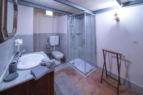 uma casa de banho com um chuveiro, um lavatório e um WC. em BRIXIA LUXORY & LOFT em Brescia